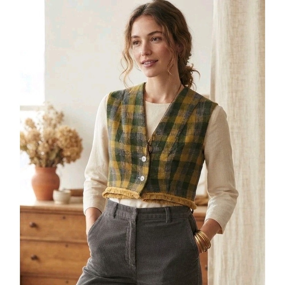 Handmade OOAK Vintage Wool Plaid Crop Vest Finge Trim Trendy Mountaincore Flaws